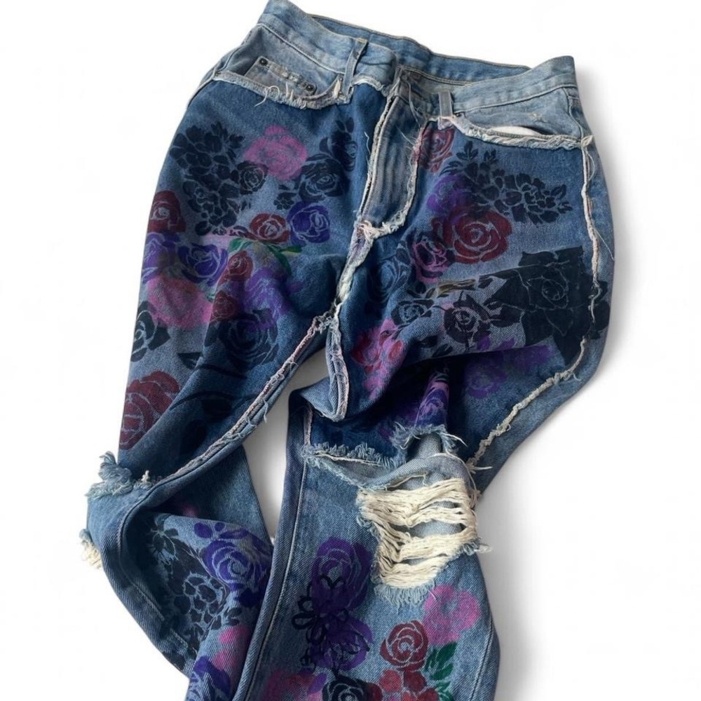 One of a kind hand-painted rose blue denim